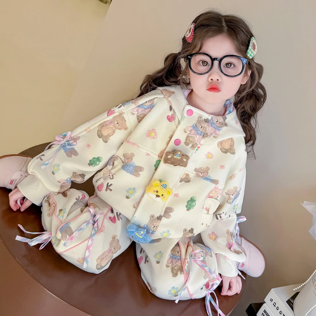 女童彩色小熊套装秋季新款女小童卡通连帽外套休闲两件套潮CHM