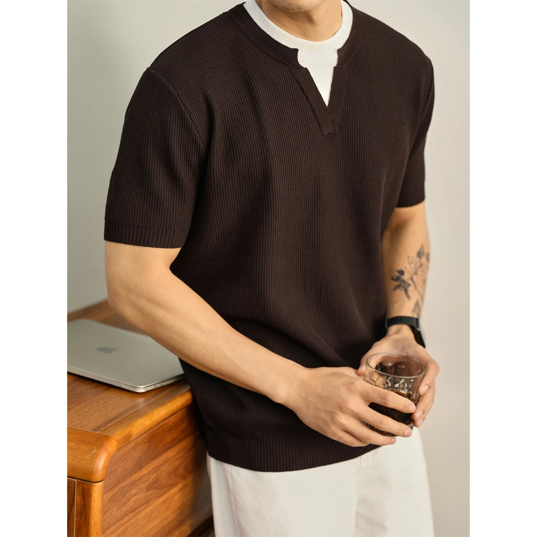 ZHIO 男士老钱风咖色针织T恤肌理感假两件短袖冰爽丝透气舒适上衣