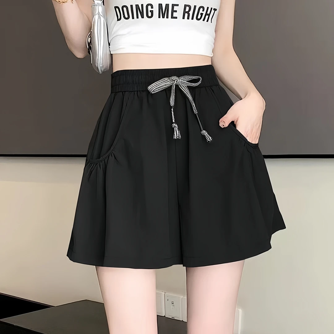 冰丝皱麻高腰抽绳短裤女裤裙2025夏季新款时尚休闲百搭气质阔腿裤