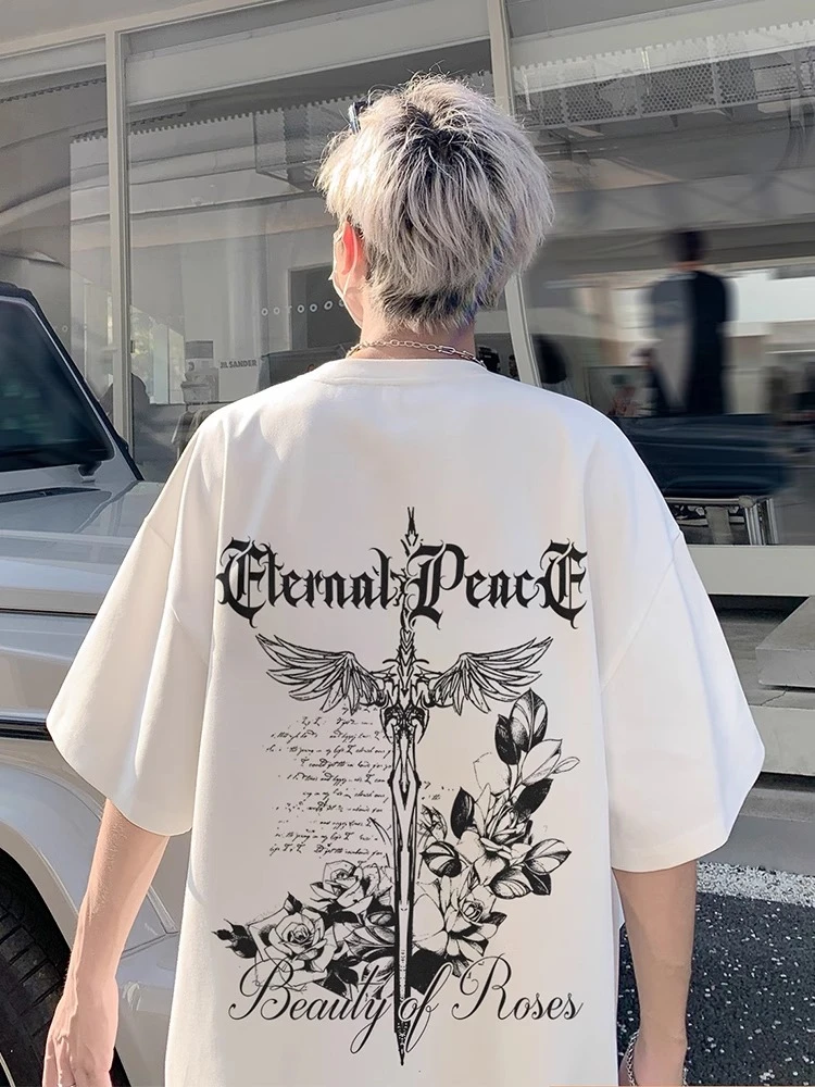 特大码美式高街t恤男士夏季2025新款哥特剑与玫瑰宽松印花短袖