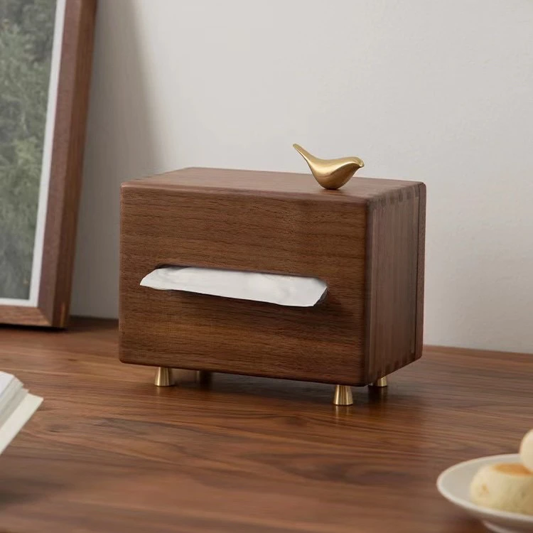 北美黑胡桃木铜鸟纸巾收纳盒