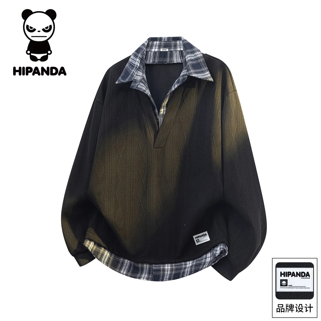 Hi Panda你好熊猫美式格子假两件卫衣男士秋冬季拼接翻领休闲上衣