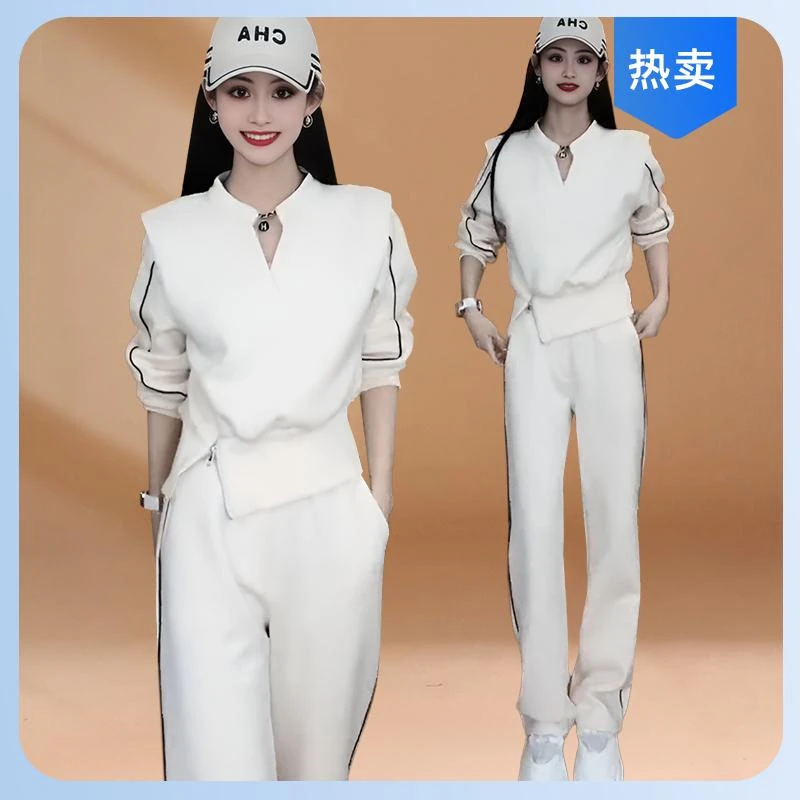 韩版高级感穿搭运动套装春秋季纯色v领长袖收腰卫衣两件套女装