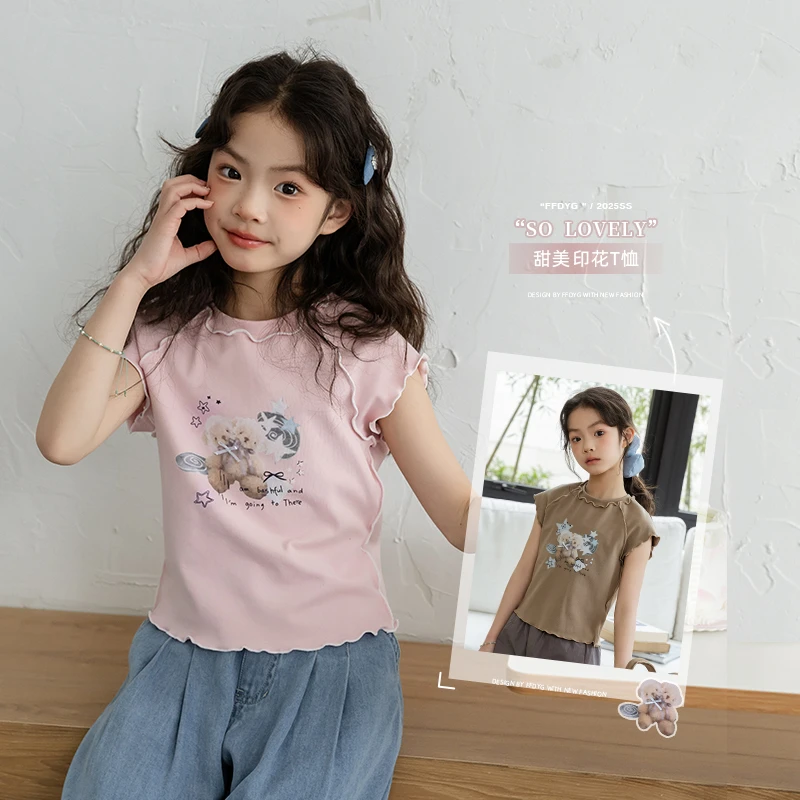 女童夏季2025新款卡通印花花边修身短款童装短袖T恤E52G2008