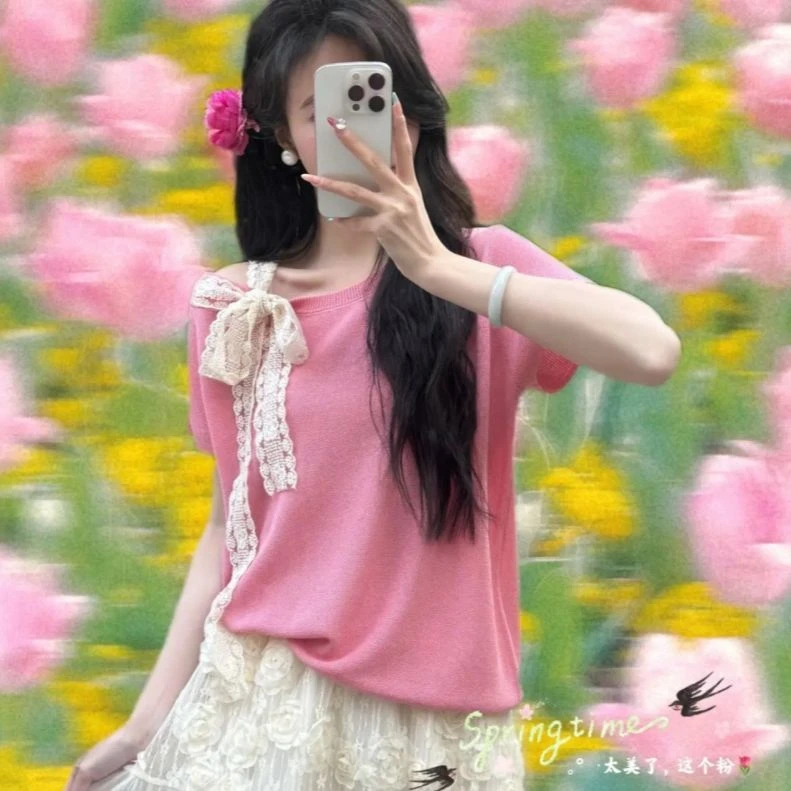 2025夏季休闲洋气拼接蕾丝上衣通勤甜美时尚百搭圆领短袖针织衫女