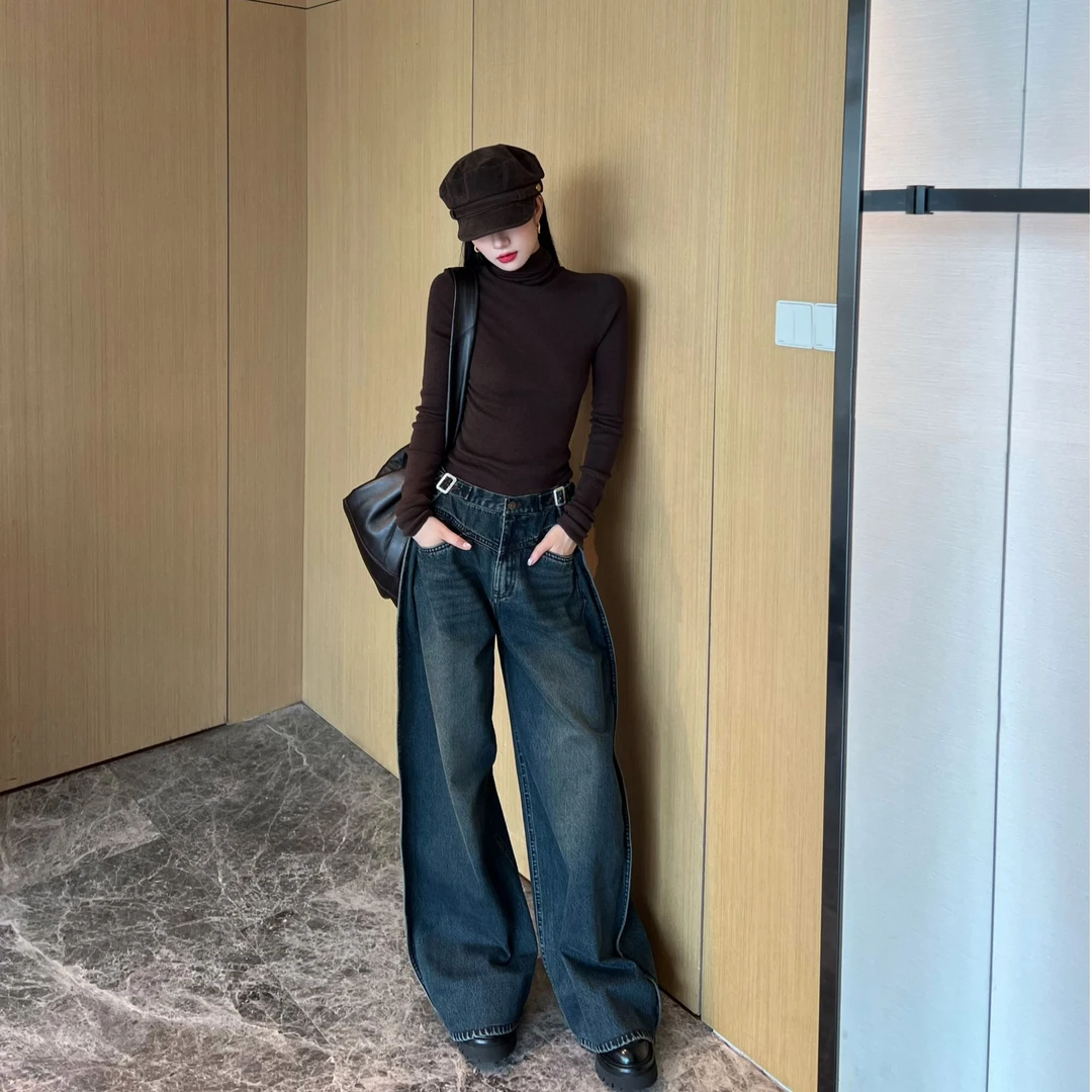 NancyCavally 专柜款重磅水洗环保牛仔时髦B入翻折结构阔腿牛仔裤