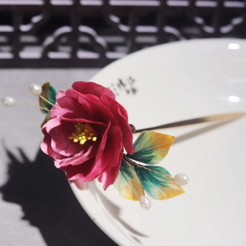 非遗绒花发簪子蚕丝牡丹汉服旗袍头饰新娘大花朵新中式发饰红色