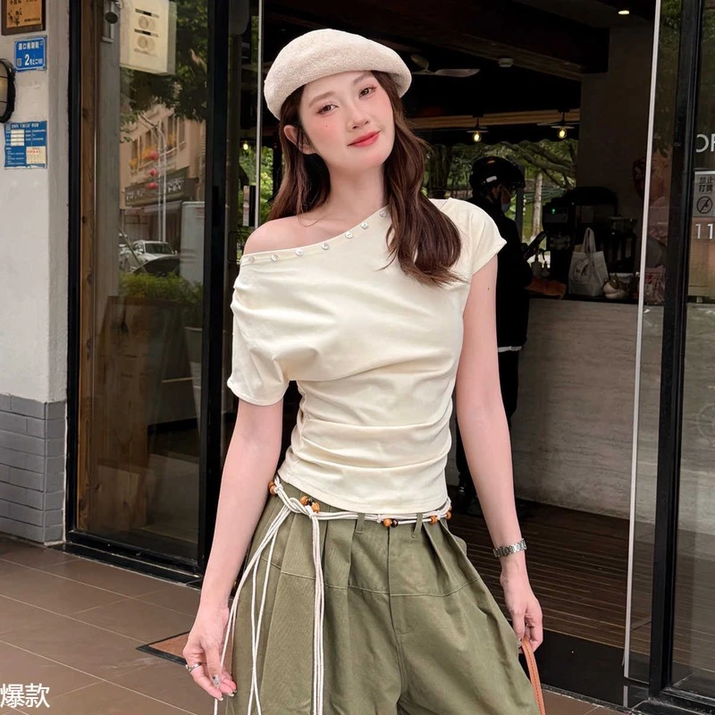 尔给夏季短袖修身显瘦斜肩恤女气质百搭小众设计感拼接正肩上衣