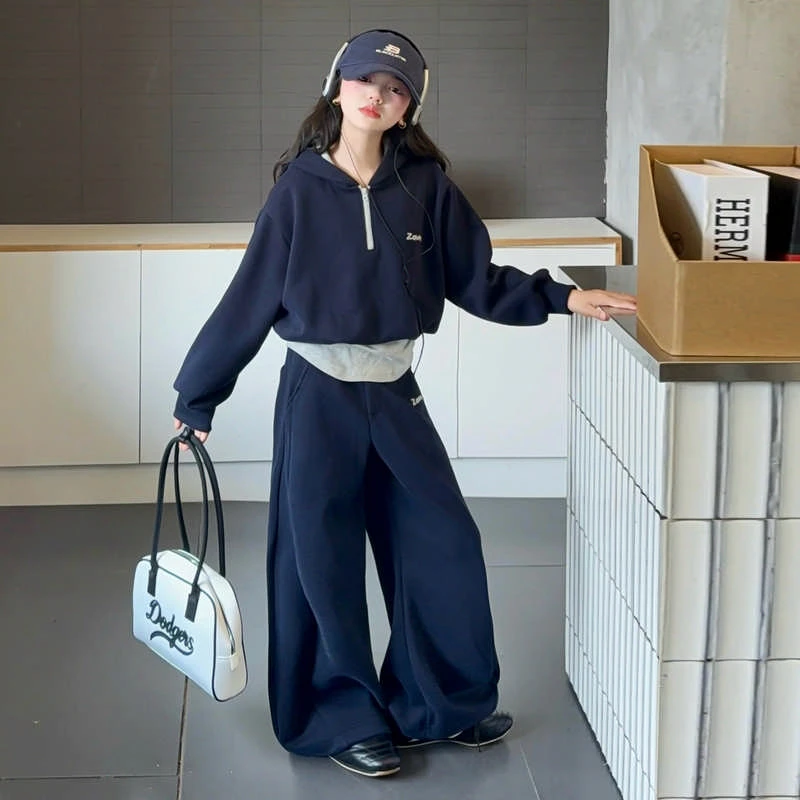 女童秋季假两件连帽卫衣套装2025新款中大童网红洋气时尚休闲套装