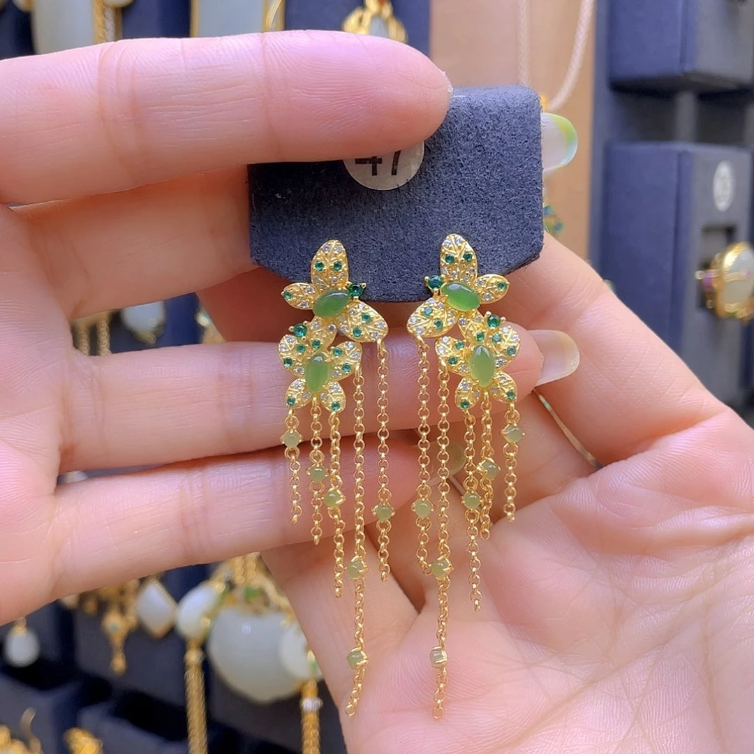 和田玉银S925镀金镶嵌耳饰