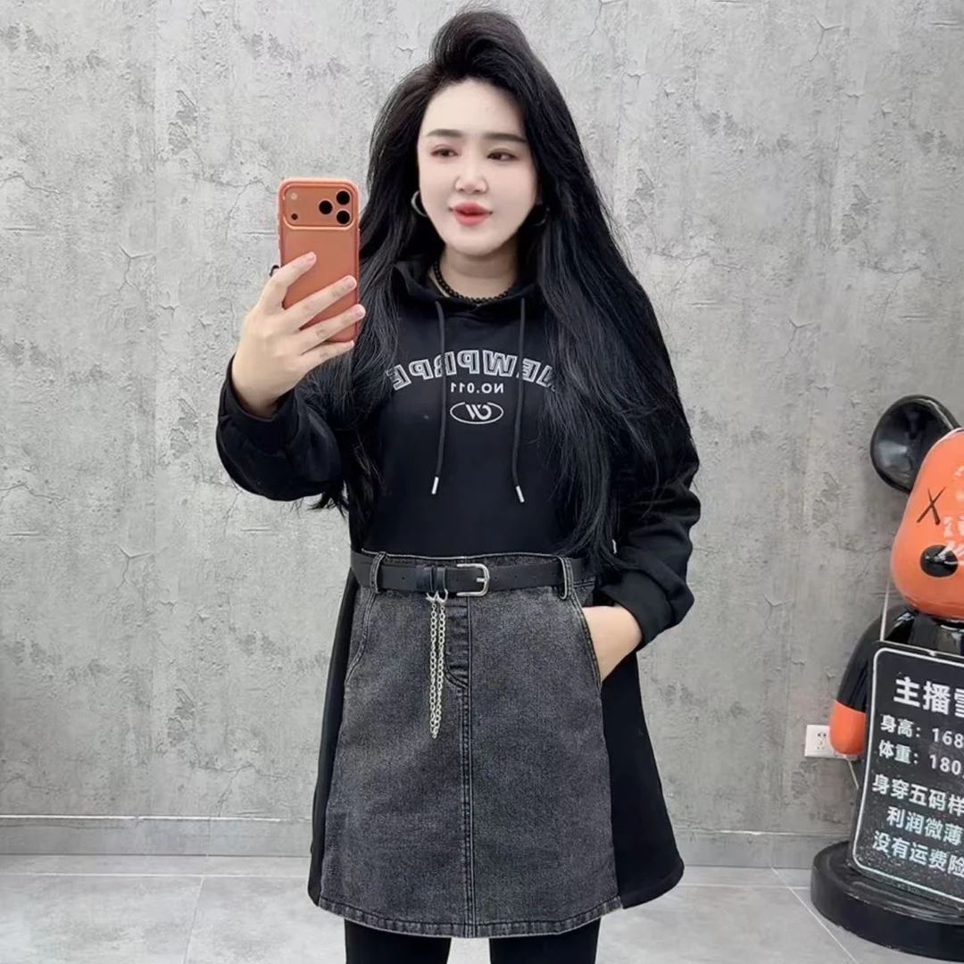 欧货拼接牛仔时尚休闲显瘦洋气腰带连衣裙