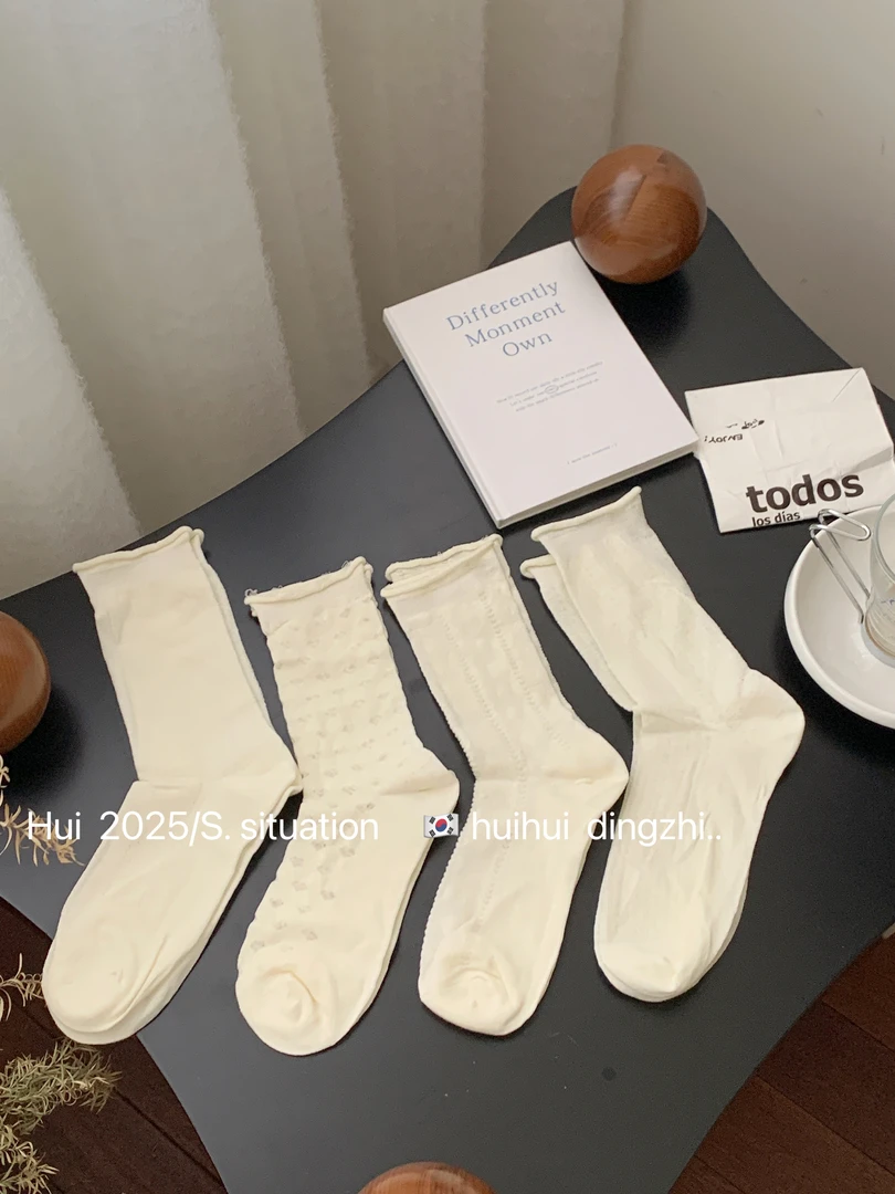 【HuiHui】花边白色袜子女中筒袜卷边堆堆袜夏季无骨长袜（A1782)