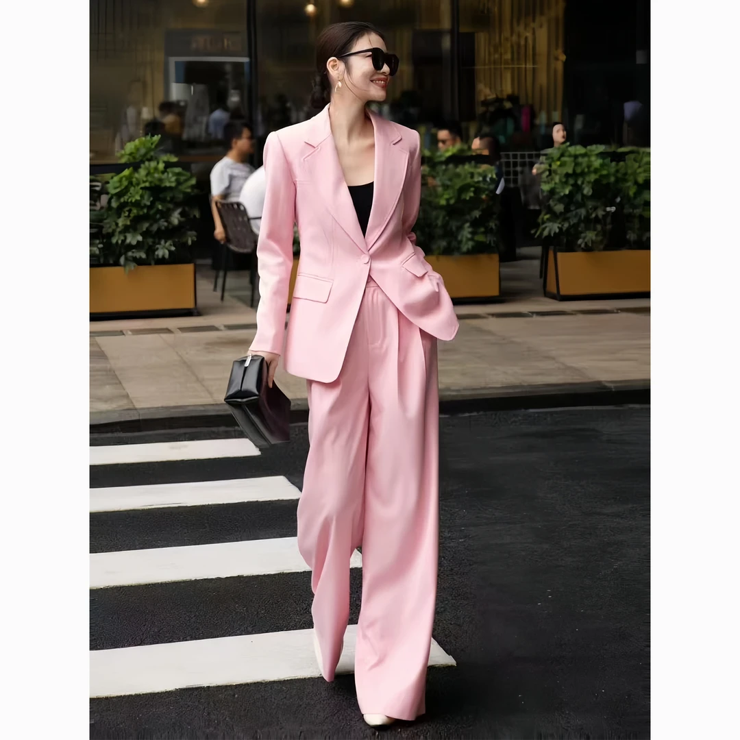 ZEROYK极简风时尚套装设计感减龄粉修身西服阔腿裤职场通勤两件套