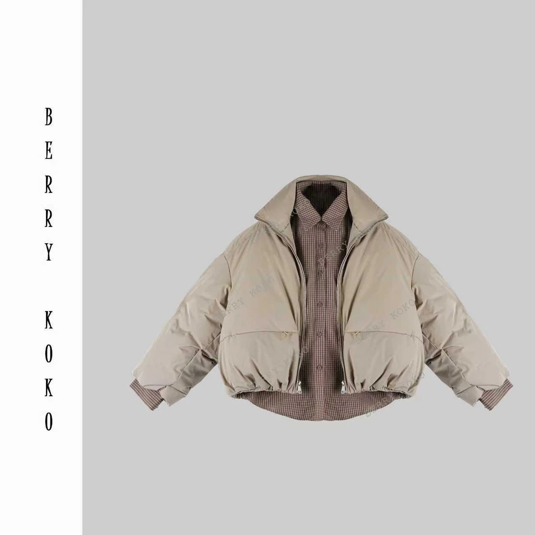 秋冬“新国标”“90白鸭绒”内里拼接衬衫复古假2件羽绒外套W167