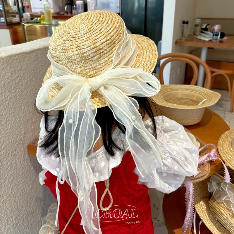 百搭麦秆帽韩国儿童草帽男女童夏季大帽檐防晒帽宝宝遮阳帽凹造型