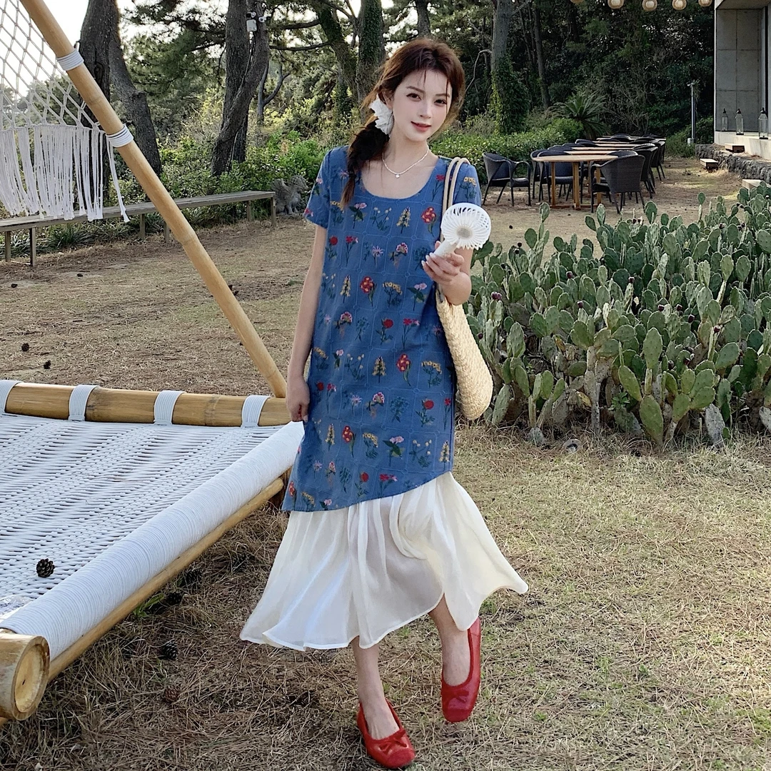 法式绝美蓝色假两件刺绣连衣裙女2025年夏季新款休闲风无袖背心裙