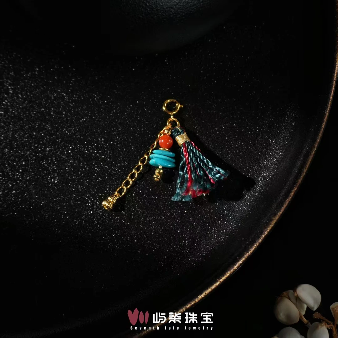 G069 玛瑙银925镶嵌 南红小单珠随流苏金色银扣挂件