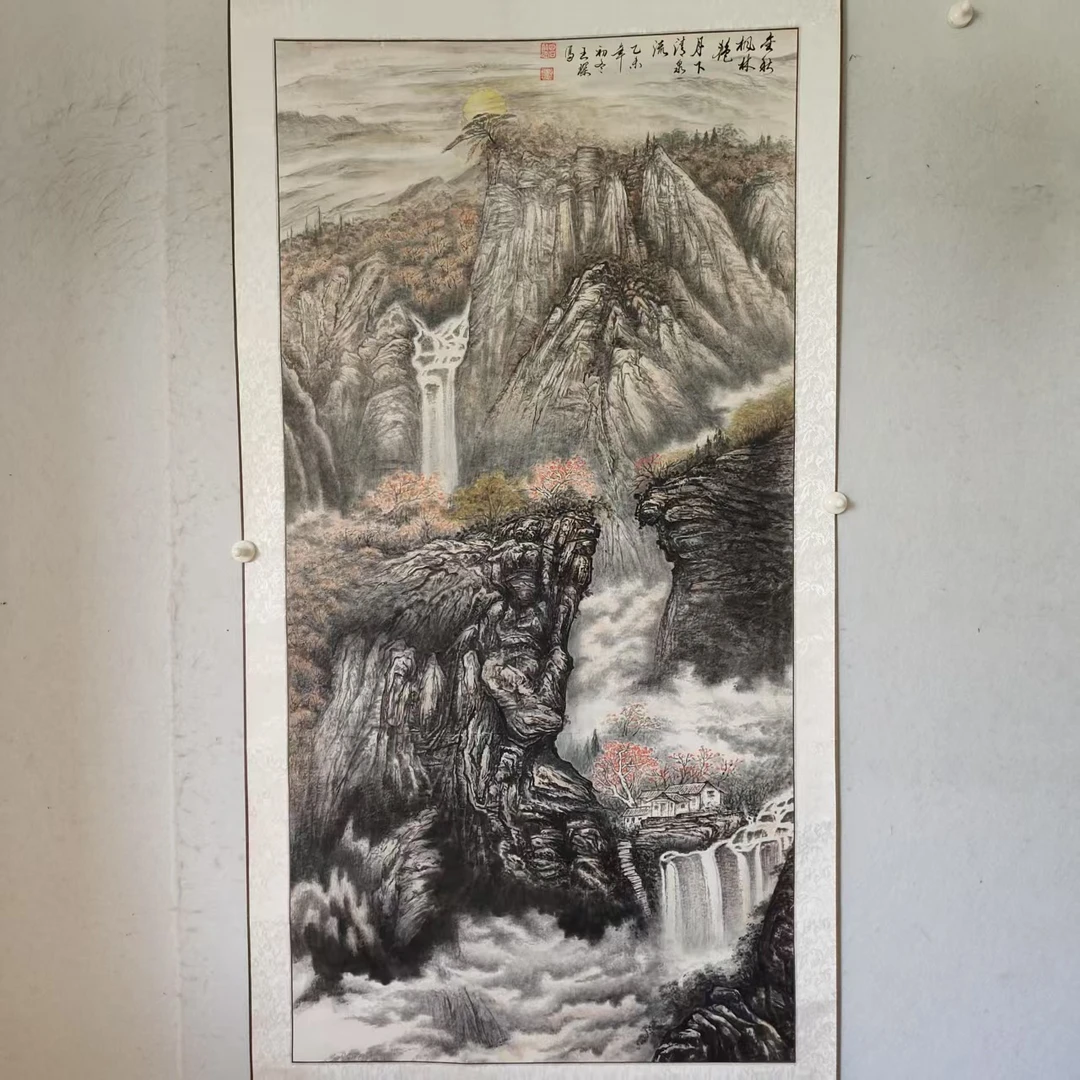 1291 纯手绘老字画《金秋枫林艳》中堂  尺寸 137×68
