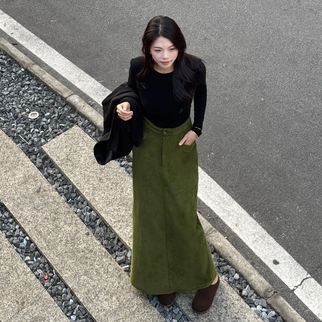 【MM】（拒绝焦虑）秋冬高腰显瘦复古灯芯绒口袋款后开叉半身裙