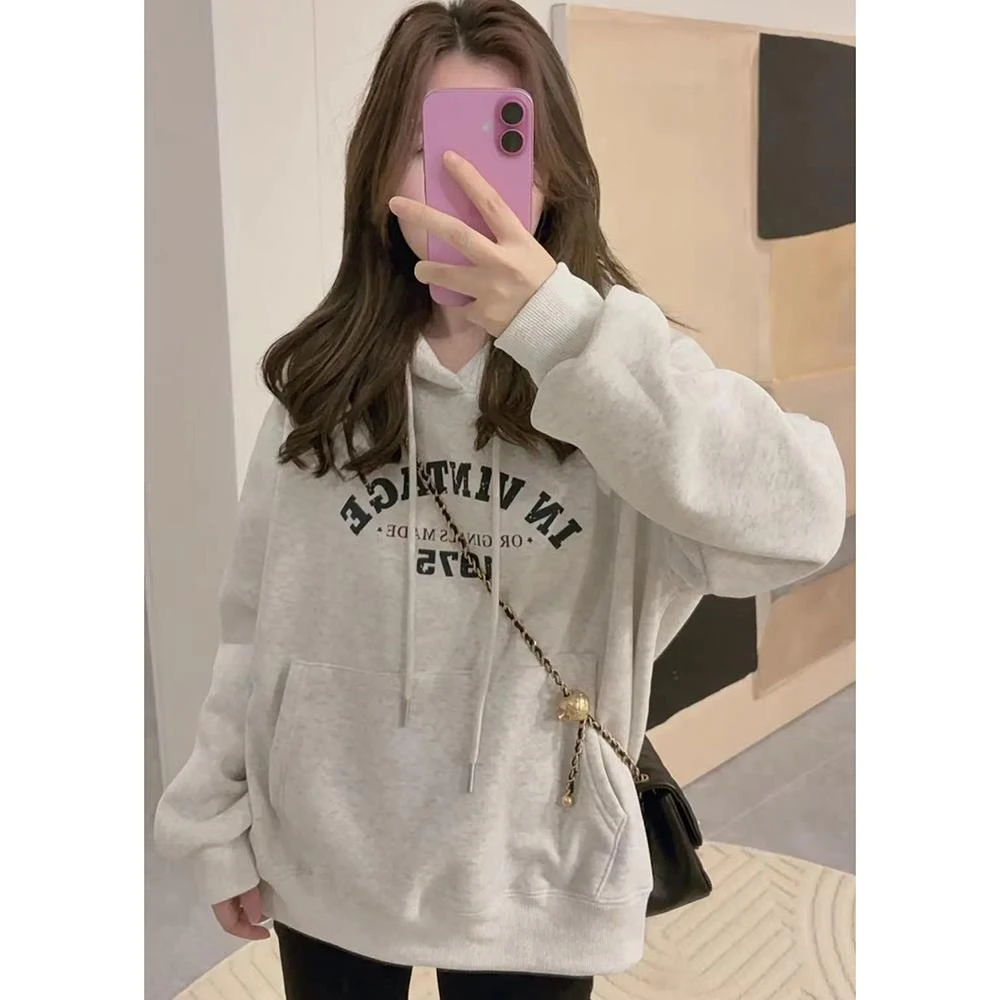 韩系氛围感早秋穿搭字母印花连帽卫衣2025新款宽松显瘦长袖上衣女