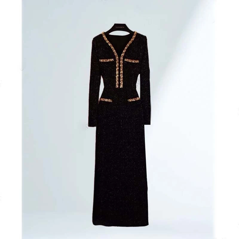 【有里布】秋冬连衣裙名媛气质V领轻奢中长裙优雅显瘦连衣裙DM0289