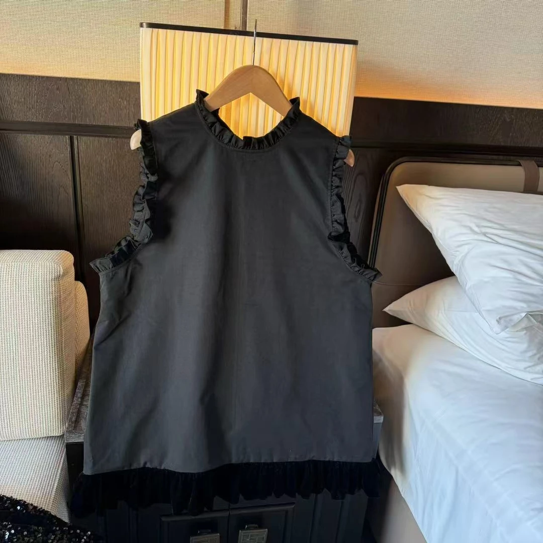 拼接百搭蕾丝网红气质圆领无袖木耳花边慵懒风背心