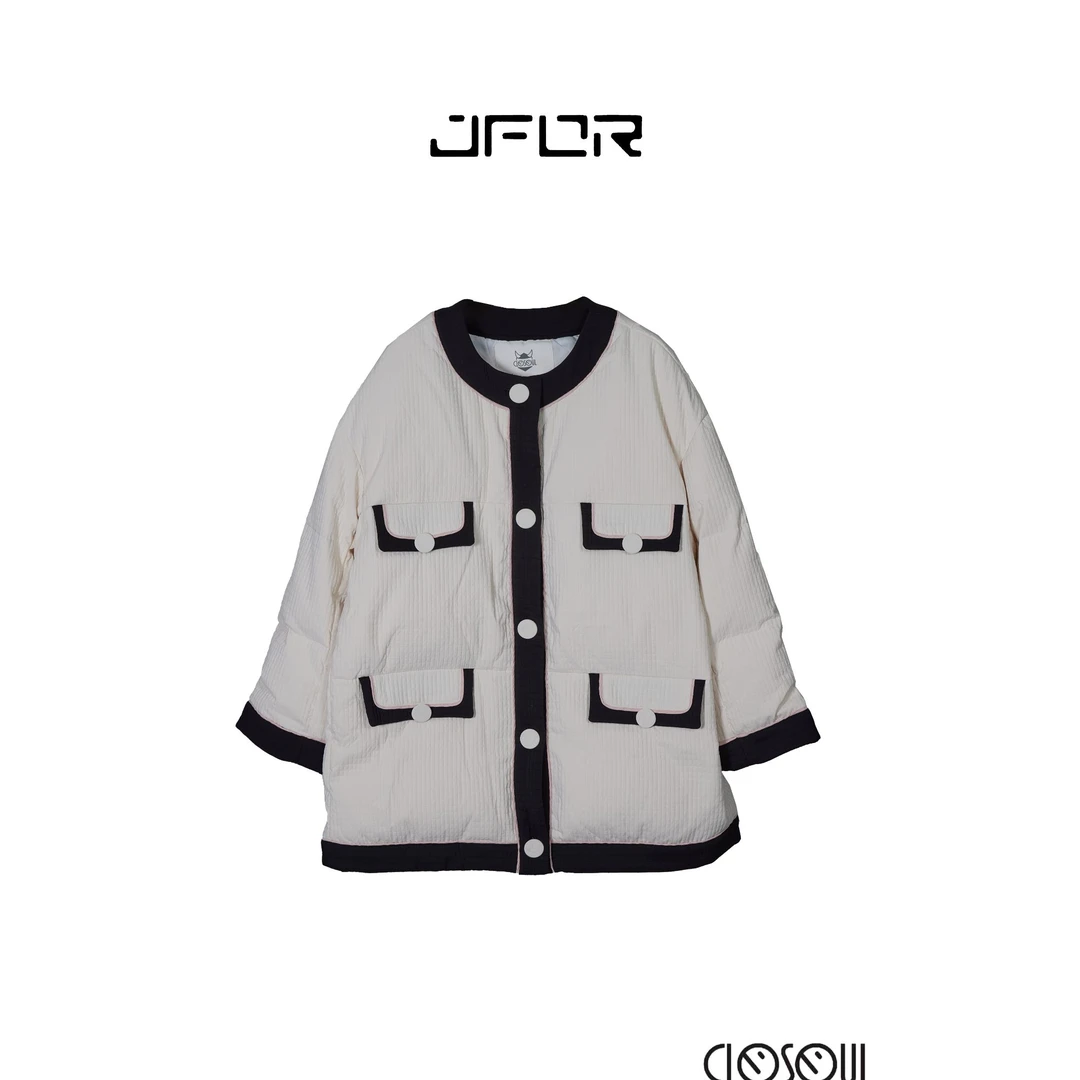 CLOSOUL冬季休闲百搭拼接圆领羽绒服小香风时尚长袖外套羽绒服