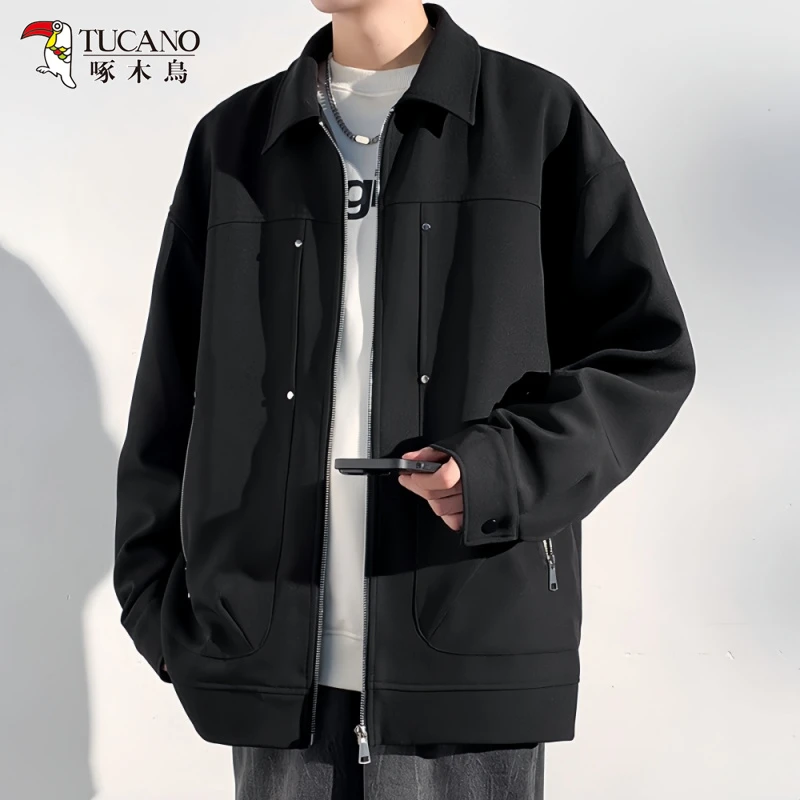 啄木鳥男士潮牌休闲韩版百搭外套春秋季新款时尚帅气翻领宽松夹克
