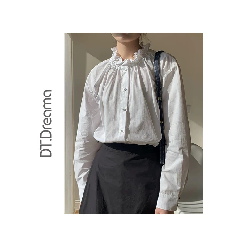 木耳边立领单排珍珠扣休闲衬衫女花边领宽松显瘦气质百搭长袖衬衣