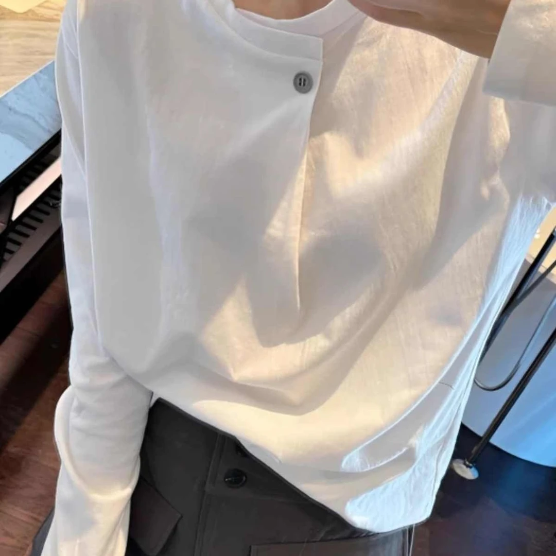 大码韩版一粒扣长袖上衣女春季2025新款宽松显瘦时尚打底衫女