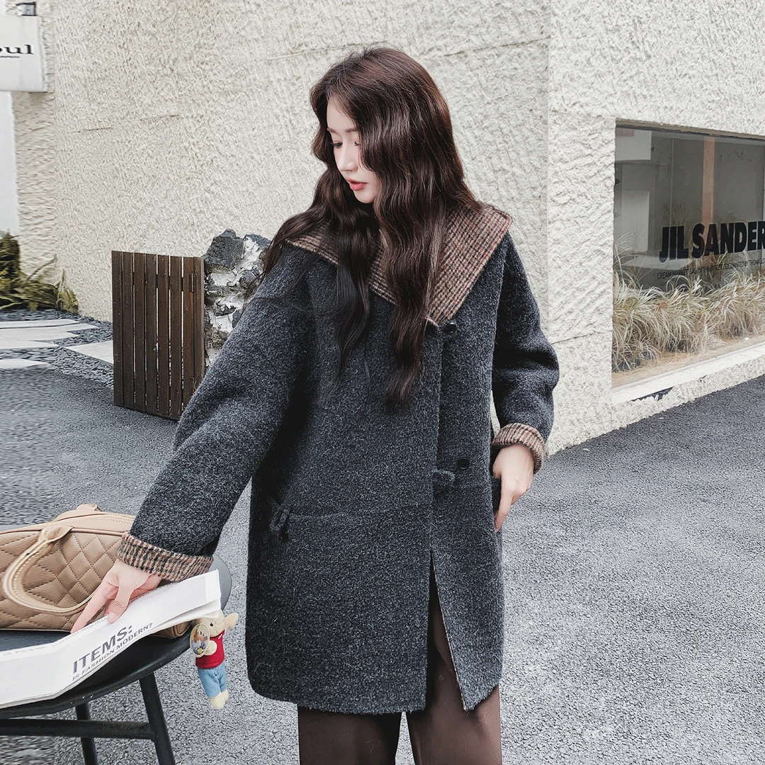 韩系格纹拼接连帽双面呢羊毛深灰色外套女秋冬2025新款学院风大衣