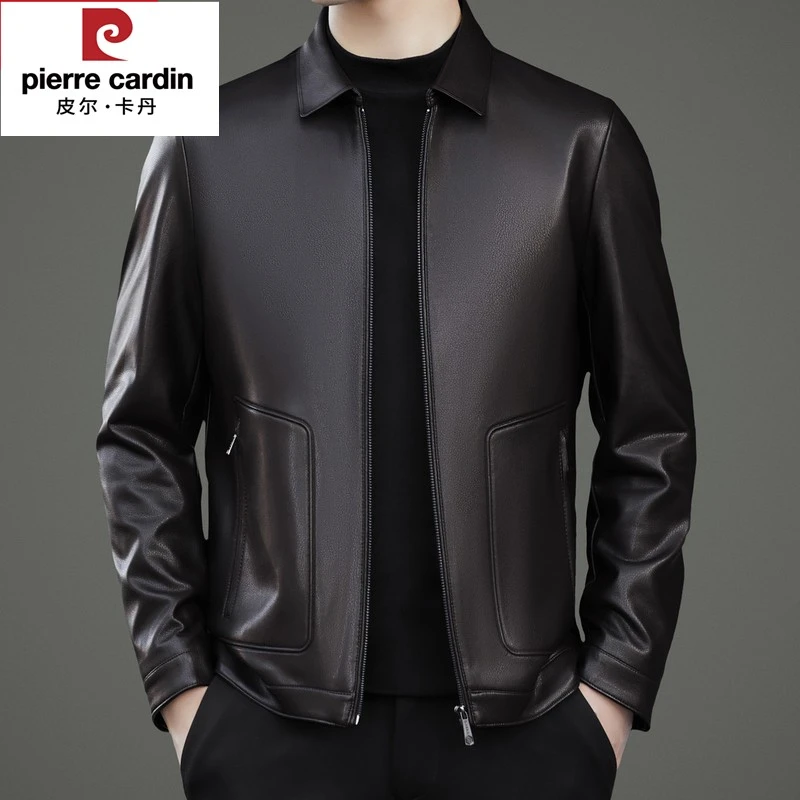 皮尔卡丹皮衣男真皮春秋翻领中老年爸爸海宁绵羊皮休闲皮夹克男外