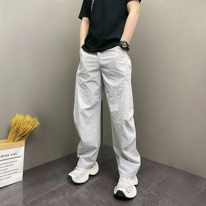 冰丝长裤夏季薄款纯色百搭松紧腰痞帅时尚简约男士休闲直筒阔腿裤