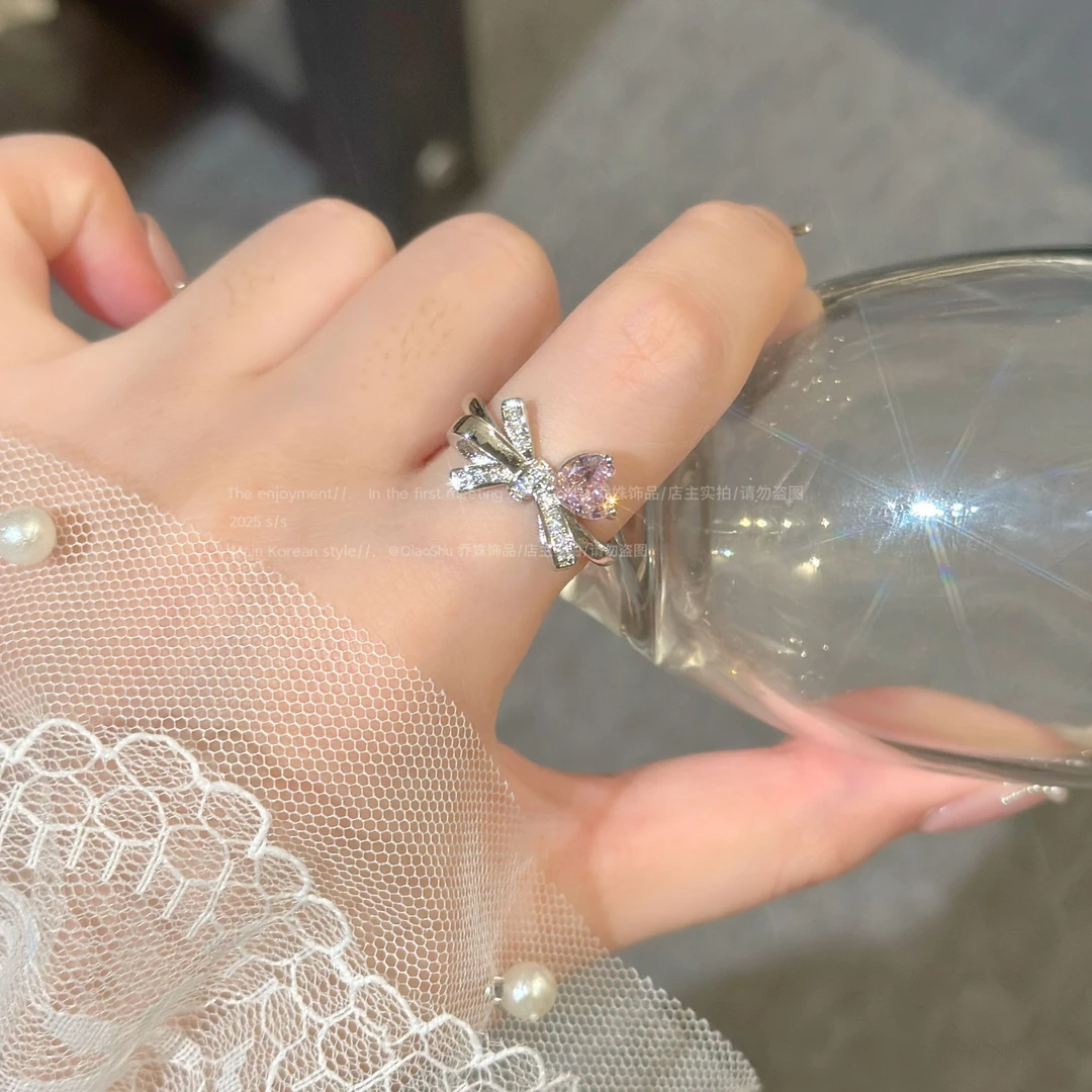 铜合金合成锆石戒指 C474甜美粉钻蝴蝶结戒指女轻奢简约气质精致