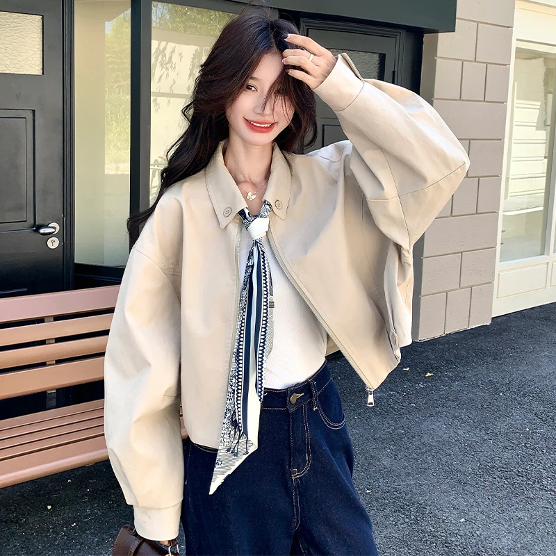 韩版休闲减龄短款外套女2025春秋小个子复古丝巾翻领百搭夹克上衣