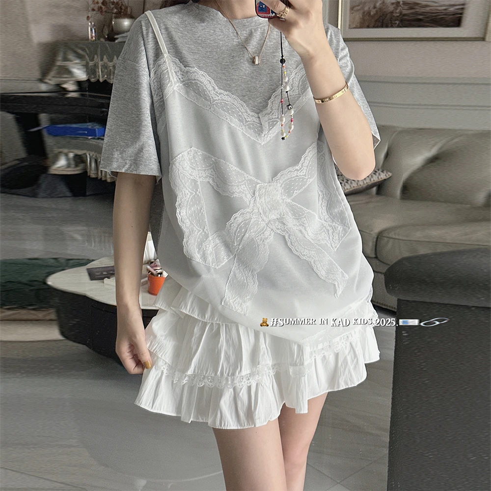 【断码清仓】K5073亲子欧洲站同款时尚手工蕾丝假两件吊带T恤