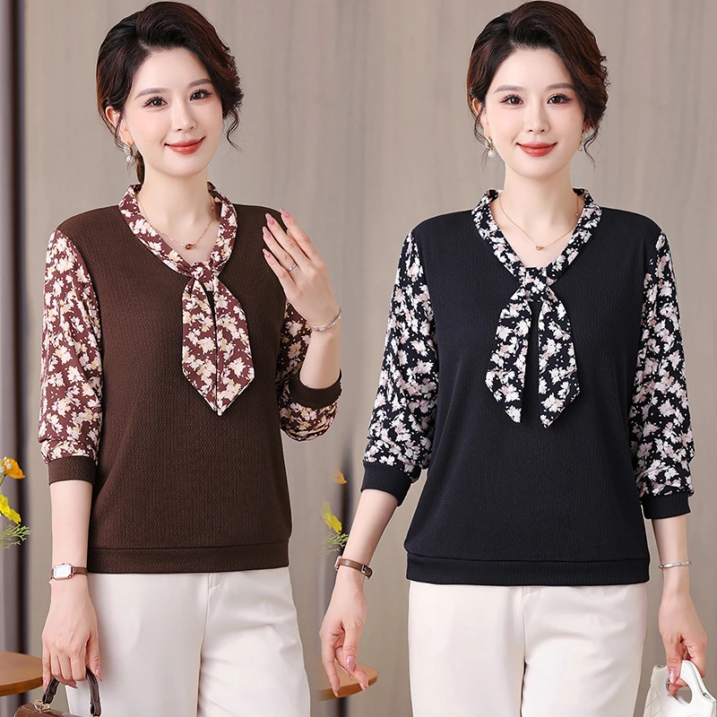 妈妈秋装长袖T恤上衣新款中老年女春秋季小衫时尚洋气百搭打底衫