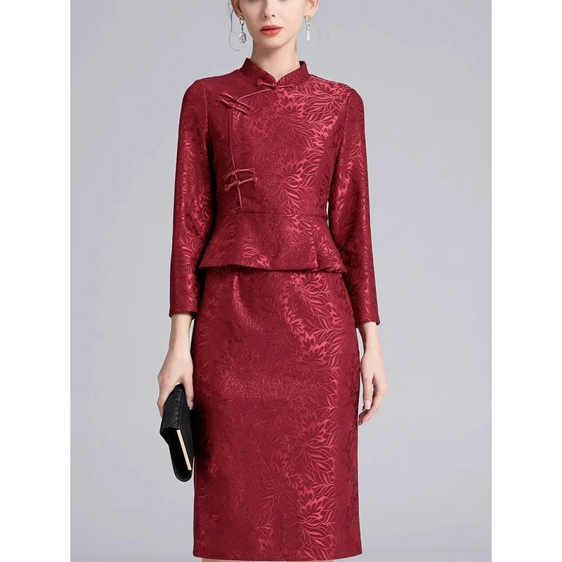 2025春新款妈妈礼服 国风荷叶边酒红婚庆婚宴喜婆连衣裙