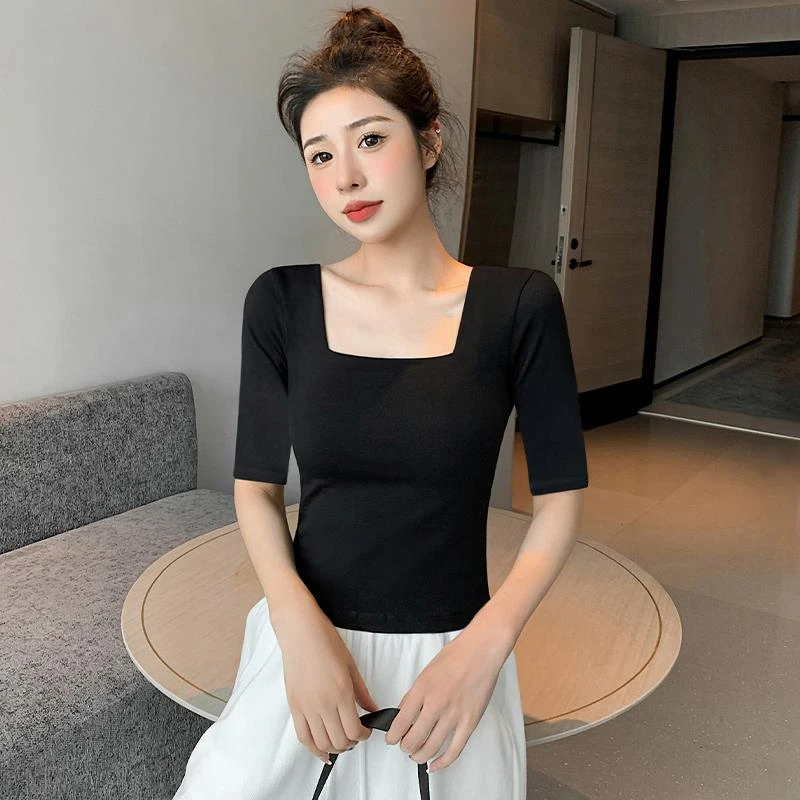 方领黑色中袖t恤女2025新款夏季内搭打底衫大领口修身五分袖上衣