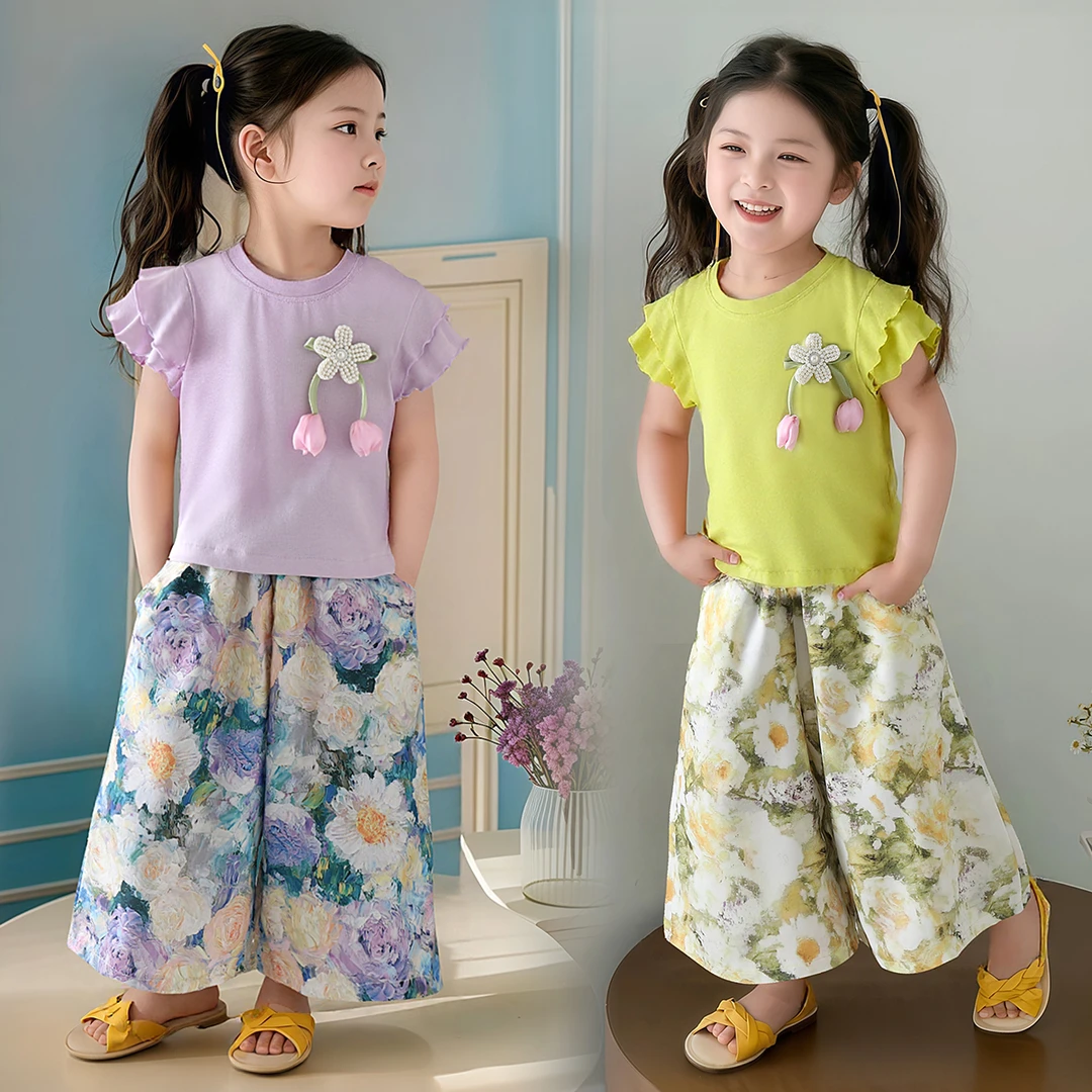 飞袖女童短袖套装碎花2025夏季洋气新款儿童夏装女孩两件套阔腿裤