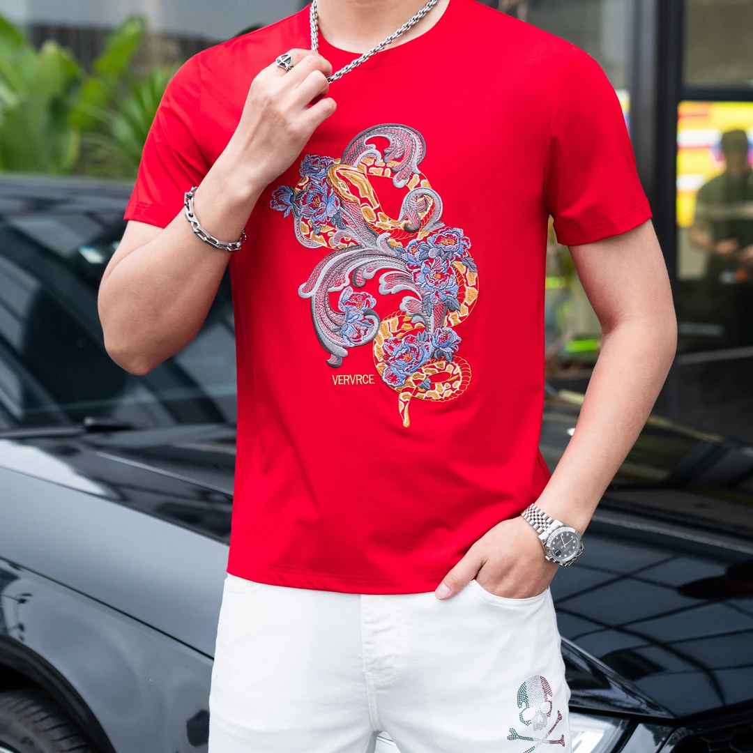 欧洲站2025夏季新品时尚潮牌蛇年限定图案亮片刺绣修身短袖t恤男