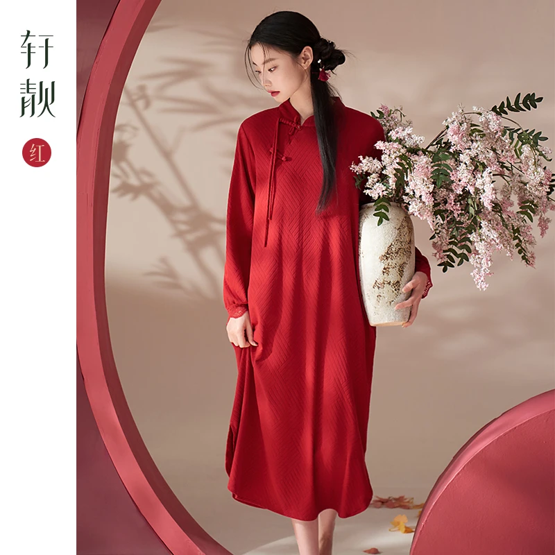 【纯棉】新中式睡裙女夏季长袖2025新款睡衣宽松春秋红色结婚晨袍