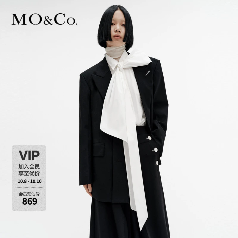 MOCO西装秋冬绵羊毛挺括垫肩裁边戗驳领艺术车线外套MBC4BLA008