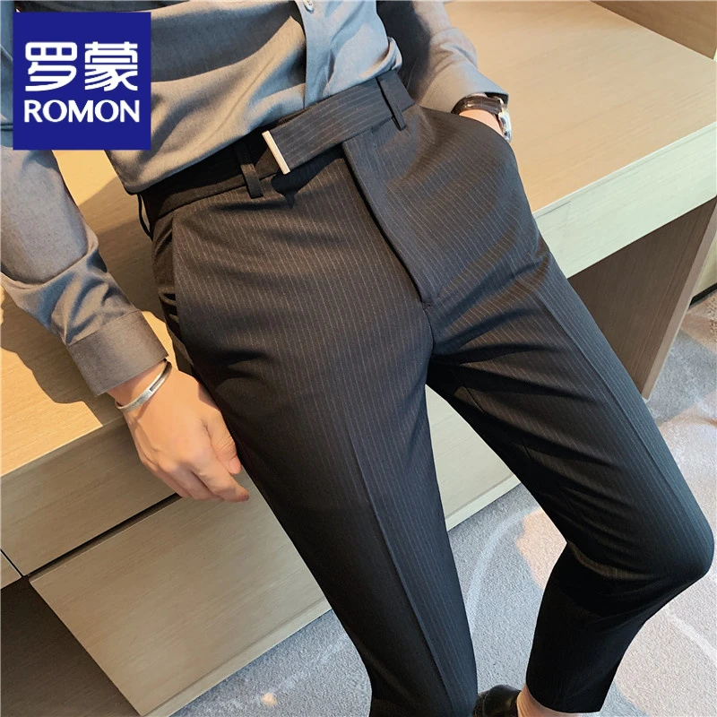 罗蒙夏季新款修身西裤休闲直筒男潮流西装高西装休闲裤小脚男友风