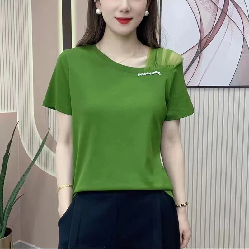 2025夏季不规则领洋气显瘦露肩网纱时尚气质百搭上衣T恤短袖女