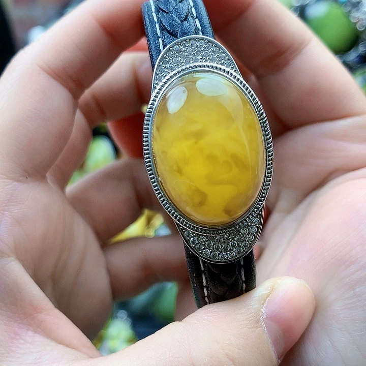 琥珀裸石银S925镶嵌手镯