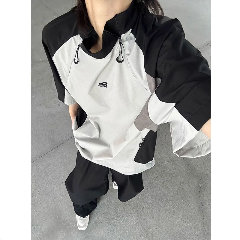 山系户外机能黑灰色网眼拼接防晒服短袖夏季训练速干骑行服T恤潮