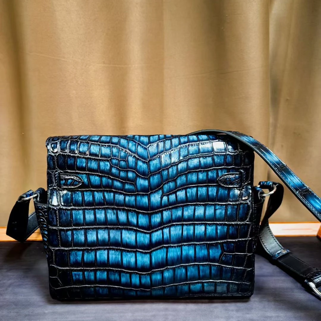 尼罗鳄鱼皮包真皮轻奢擦色挎包蓝色鳄鱼皮通勤风男士时尚休闲百搭