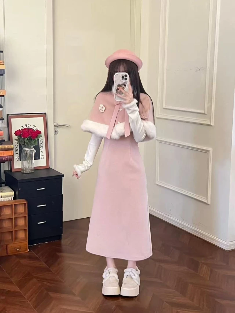 律粉佳人【秋季新品】甜美少女粉色斗篷假两件连衣裙两件套套装