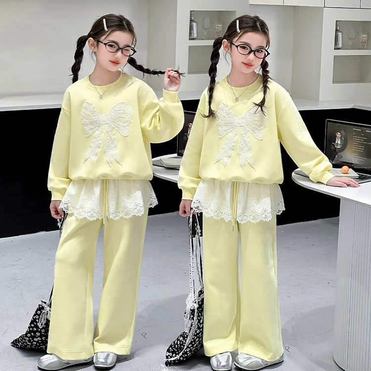 母女装 女童亲子同款25年春季新品蝴蝶结蕾丝套头套装长袖网红